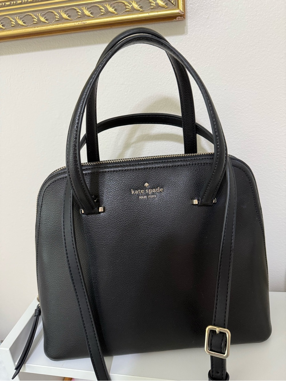 kate spade Black Leather Dome Satchel with Adjustable Strap